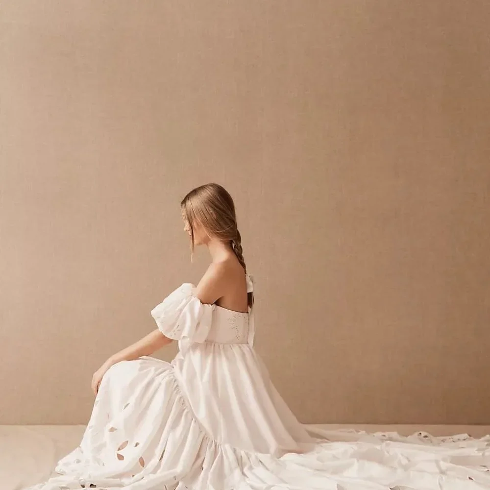 BHLDN Marina Wedding Gown Size 6 Off Shoulder Puffed Sleeve Sample - Picture 9 of 11